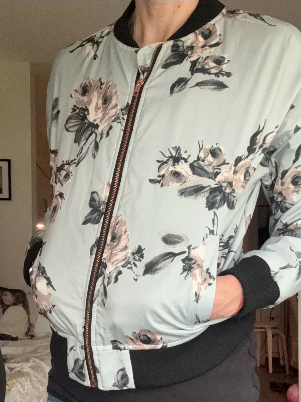i joan Floral Satin Bomber Jacket in Icy Blue - Medium - Picture 2 of 8